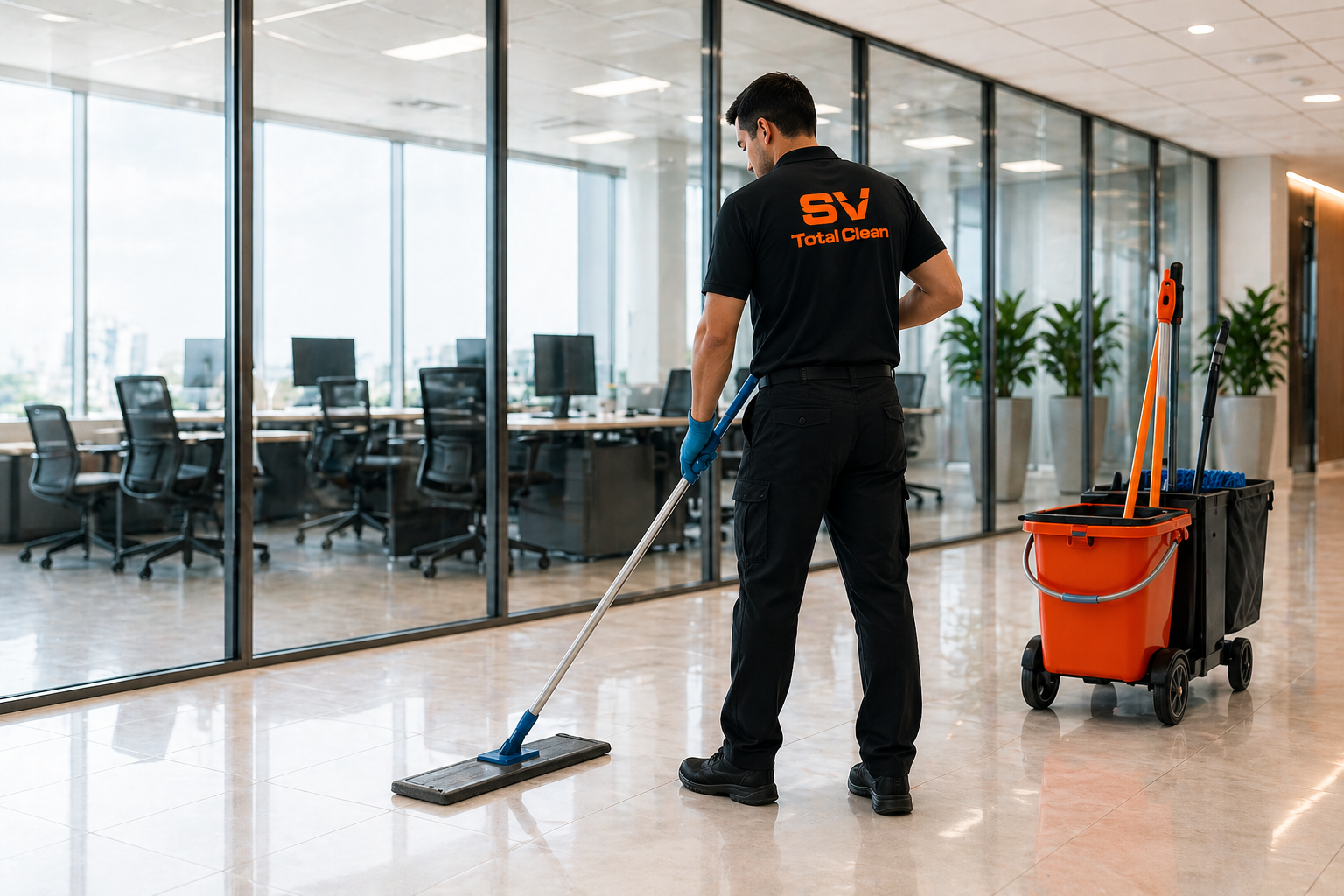 Operario de SV Total Clean limpiando una oficina moderna con un carro de limpieza naranja