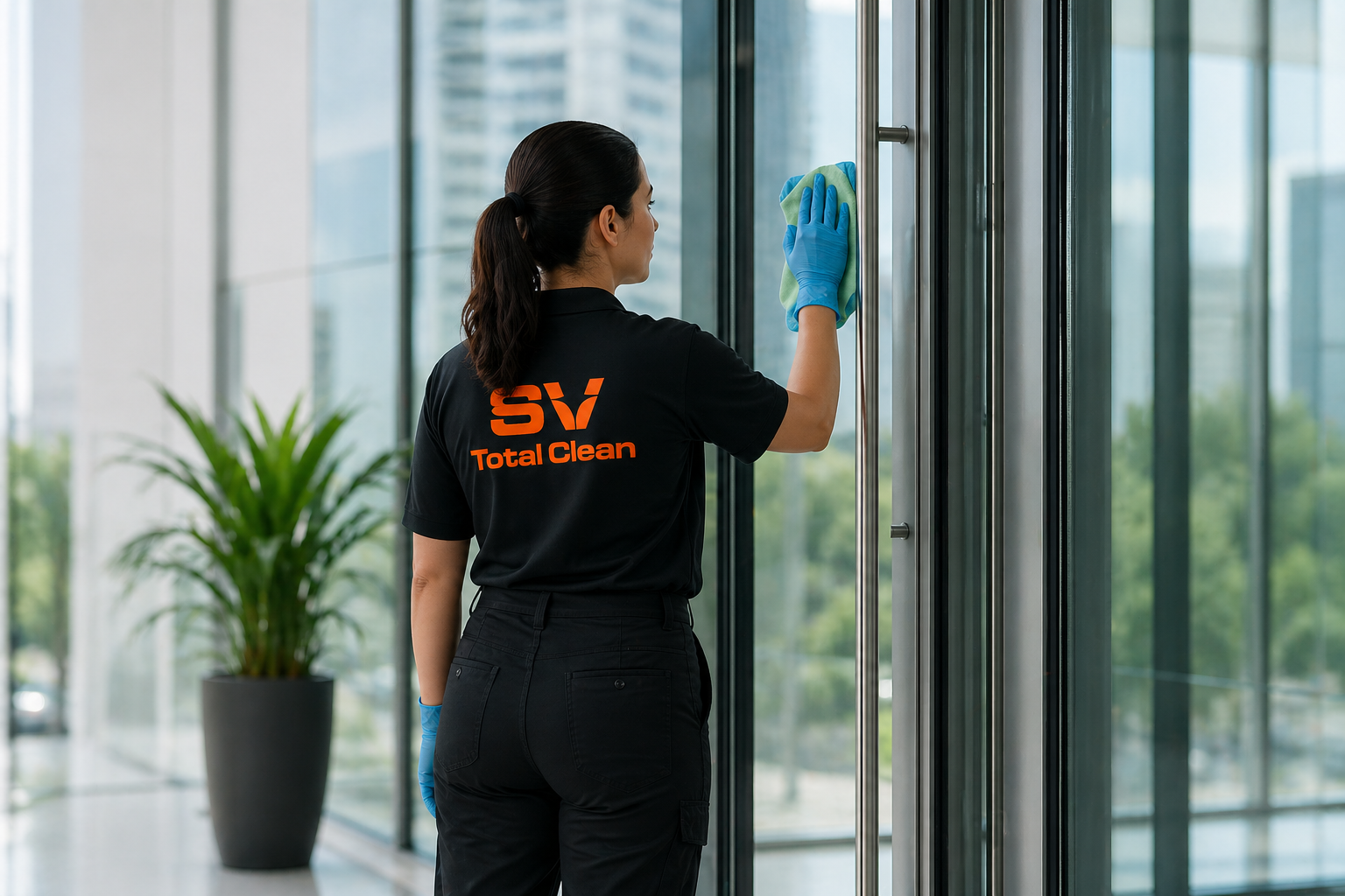 Operaria de SV Total Clean limpiando ventanas en una oficina luminosa